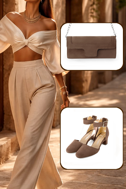 Dress heels closed-back ankle strap in chocolate brown leather with kitten heels and round toe - Worn view